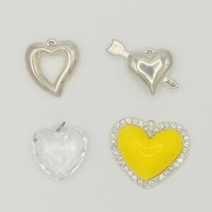 Lot of 4 Heart Pendants Yellow Rhinestone Clear Silver Open Puffy Arrow